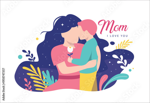 Mother's Day greeting card with mother cuddling baby, hearts and soft botanical elements on a pastel background. Loving family illustration in modern flat decorative style.