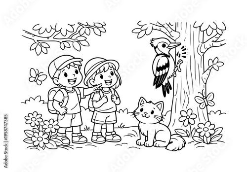 Children exploring a forest with a colorful woodpecker tapping on a tree, smiling and pointing, branches, flowers, butterflies,