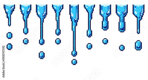 Blue liquid dripping and forming droplets.