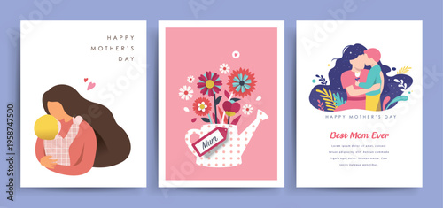 Mother's Day card collection with mother and child illustrations, flowers, gift tag and elegant typography on pastel backgrounds. Greeting posters and covers in modern flat style.