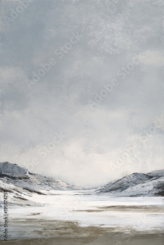 Minimal winter landscape with snow-covered rolling hills under an overcast cloudy sky, serene and remote