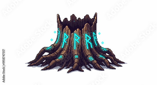 Mystical Ancient Tree Stump With Glowing Runes.