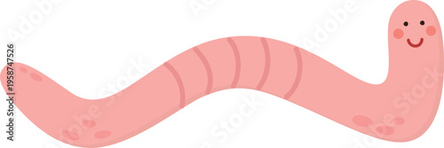 Cute and funny earthworm with smiling face. Pink insect character isolated on white background. 
