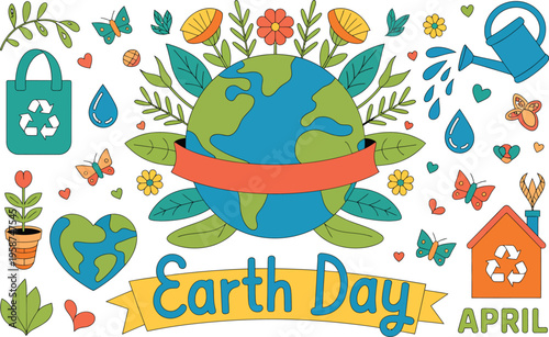Earth Day doodle art with planet, plants, and symbols