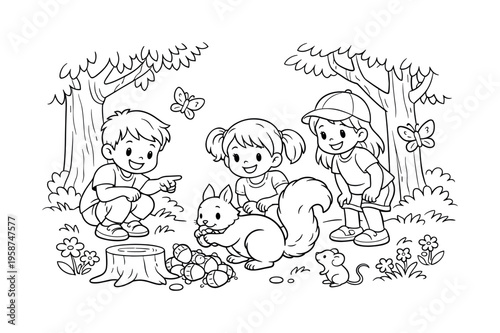 Children enjoying a sunny forest, watching a squirrel collect acorns, smiling and pointing, trees, friendly butterflies, and a