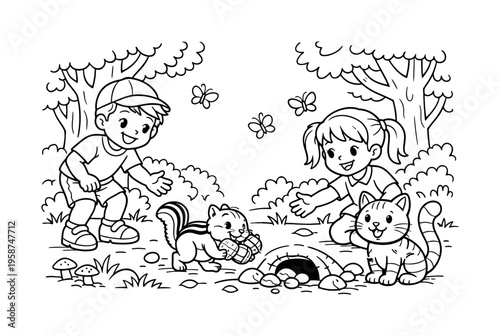 Children exploring a forest with a chipmunk carrying nuts to its stash, smiling and reaching out, trees, leaves, butterflies, and