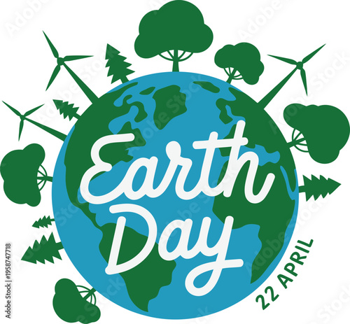 Earth Day illustration with trees and wind turbines