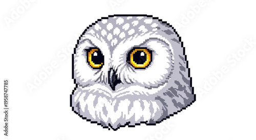 Pixel Art Snowy Owl Head Close Up.