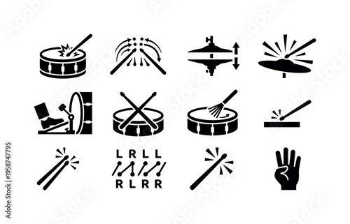 Collection of drum playing techniques and symbols for music notation