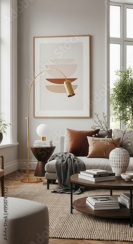 Modern Living Room Interior Design With Contemporary Abstract Artwork And Soft Furnishings