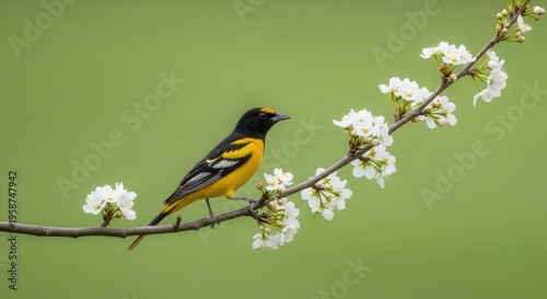 Vibrant Yellow and Black Bird Sitting on Blooming Tree Branch in Spring Nature Scene