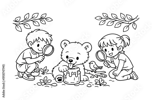 Children and bear explore nature with magnifying glasses, discovering honey