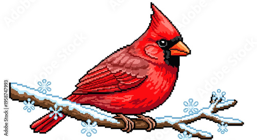 Vibrant Red Cardinal Perched on Snowy Branch.
