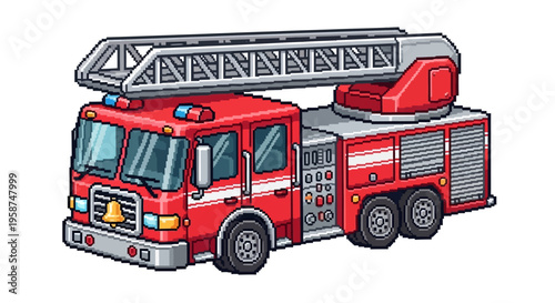 Red Fire Truck with Extended Ladder and Emergency Lights.
