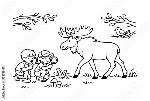 Moose stroll with kids holding magnifying glasses, observing a moose passing by, branches, small plants, and a tiny bird perched