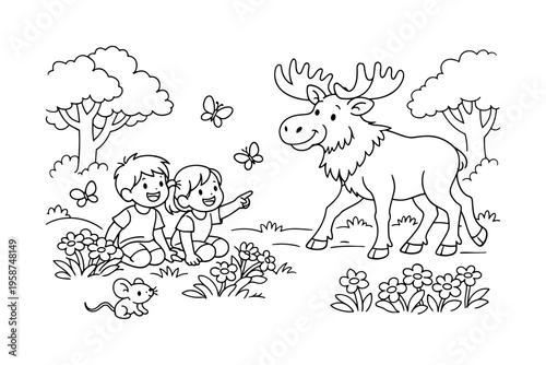 Children enjoying a sunny forest, watching a moose stroll along, smiling and pointing, flowers, friendly butterflies, and a tiny