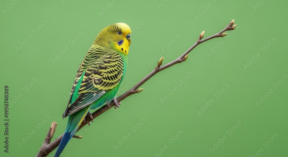 Fototapeta premium Vibrant Yellow Green Parakeet Resting on a Thin Branch Against Soft Green Background