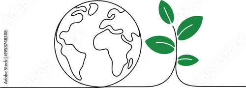 Minimalist line art of Earth and green plant with leaves