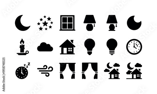 Collection of black icons representing nighttime and sleep elements