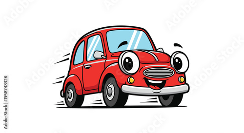 Red Cartoon Car Driving Fast, Smiling, Isolated on White Background Vector Illustration