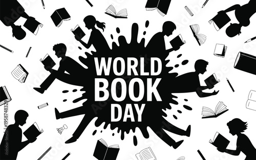 World Book Day celebration with reading silhouettes and books