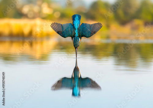 Stunning Action Shot of a Kingfisher Bird Diving into Water with Perfect Reflection and Symmetry at the Moment of Impact