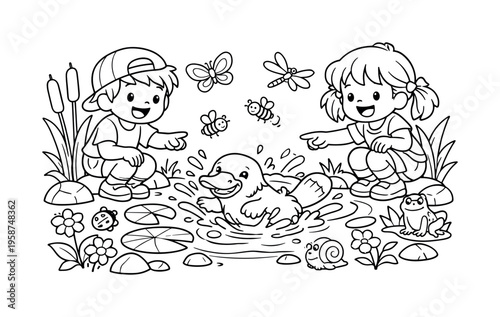 Children watching a platypus splashing in a pond, smiling and pointing, water plants, flowers, and friendly insects around, black