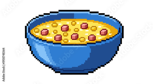 Pixel Art Bowl of Hearty Soup with Meat Chunks.