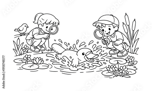 Platypus splash with kids holding magnifying glasses, observing the platypus swimming and splashing, pond flowers, reeds, and a