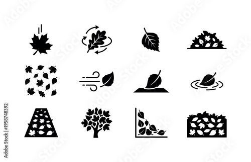 Collection of autumn leaf icons depicting falling, wind, and piles