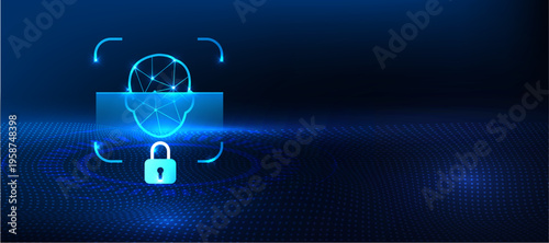Face detection scan concept with biometric facial recognition and secure access icon on blue technology background. Artificial intelligence system for identity verification, user authentication and di