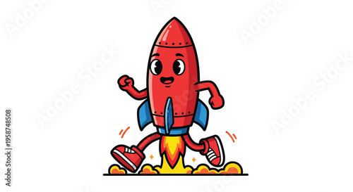 Red Rocket Character Running Forward Happy Isolated on White Vector Illustration