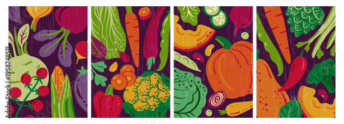 Vibrant collection of stylized vegetables posters with rich texture and expressive brush details. Organic shapes and saturated colors create a lively modern composition.