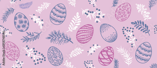 Pastel Easter Eggs and Botanical Seamless Pattern