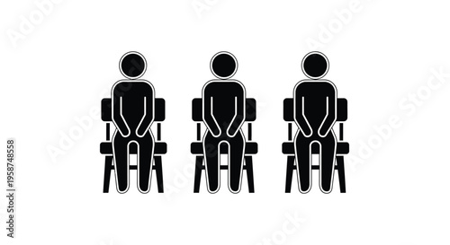 Three stylized black human figures seated side by side on identical chairs illustrate concepts of waiting or audience capacity limits.