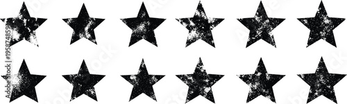 Vintage Distressed Stars With Cracks And Stains On Transparent Background . Black Grunge Star Icons Set .