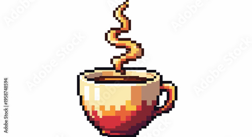 Pixel Art Coffee Cup with Steaming Hot Beverage.