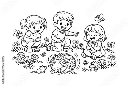Children enjoying a sunny meadow, watching an echidna roll, smiling and pointing, flowers, friendly butterflies, and a tiny mouse