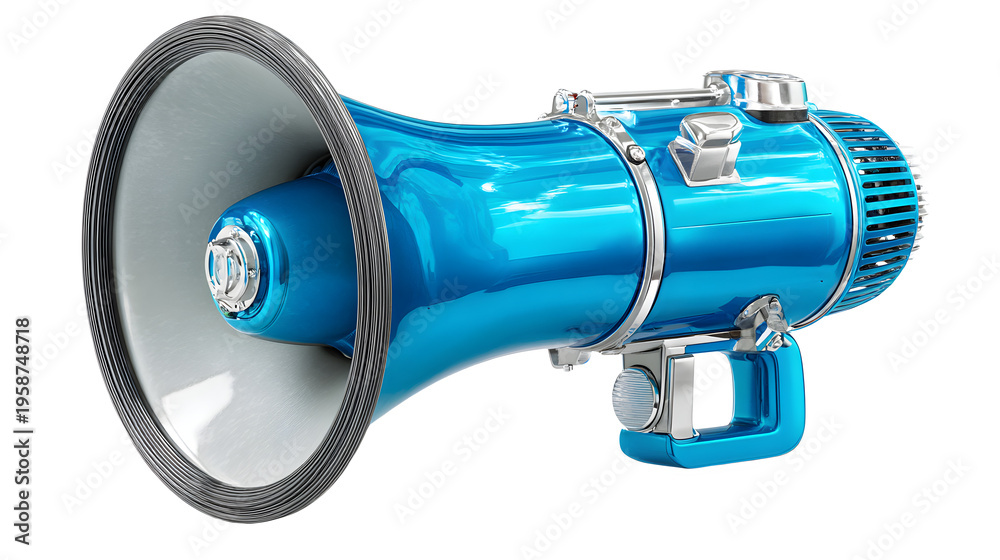 Fototapeta premium Blue and silver megaphone loudhailer, emergency and public communication device, isolated on white background