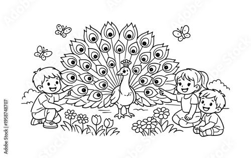 Children watching a peacock spreading its tail feathers, smiling and pointing, garden, flowers, and friendly butterflies around,