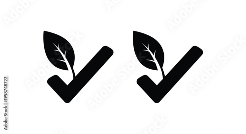 Two identical black checkmarks incorporating small leaves signify ecological approval or verified green status on a white backdrop.