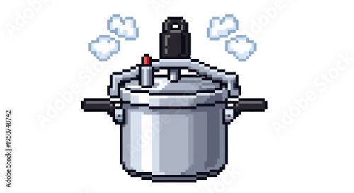 Pixel Art Pressure Cooker Steaming Hot Food Preparation.