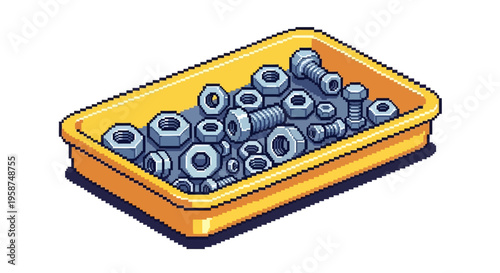 Assortment of Metal Nuts and Bolts in Yellow Tray.