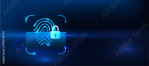 Fingerprint lock scan concept with biometric authentication and secure access icon on blue technology background. Cybersecurity system for identity verification, user access control and digital data p