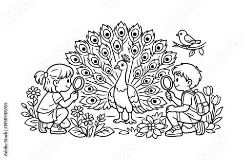 Peacock tail with kids holding magnifying glasses, observing a peacock displaying its feathers, garden plants, flowers, and a
