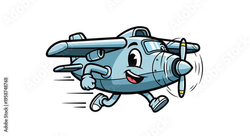 Happy Cartoon Airplane Mascot Running Fast Isolated on White Vector Illustration