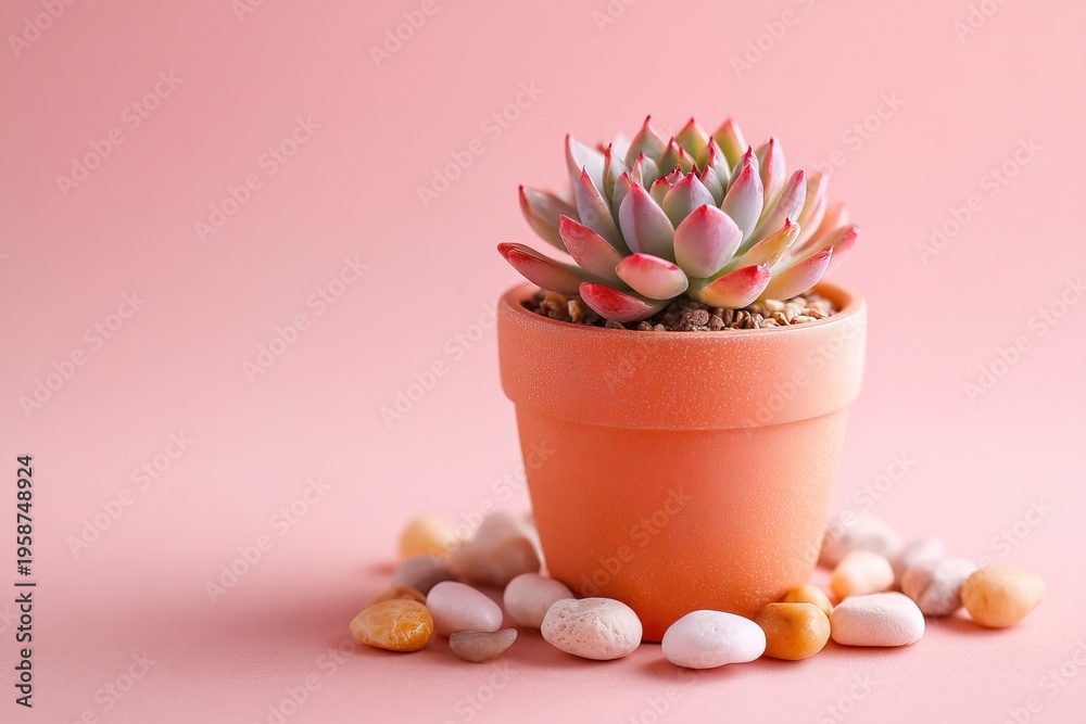 Obraz premium A small terracotta pot holds a succulent plant. The pot is placed on a pink surface with small stones arranged around it. The setting shows a simple indoor display