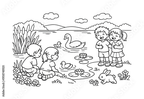 Swan lake scene with kids kneeling and observing swans on the water, friends laughing nearby, reeds, water lilies, flowers, and a