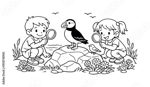 Puffin perch with kids holding magnifying glasses, observing a puffin on a rock, coastal plants, flowers, and a tiny bird perched