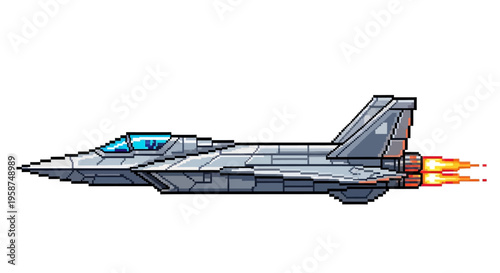 Pixel Art Fighter Jet in Flight with Exhaust Flames.